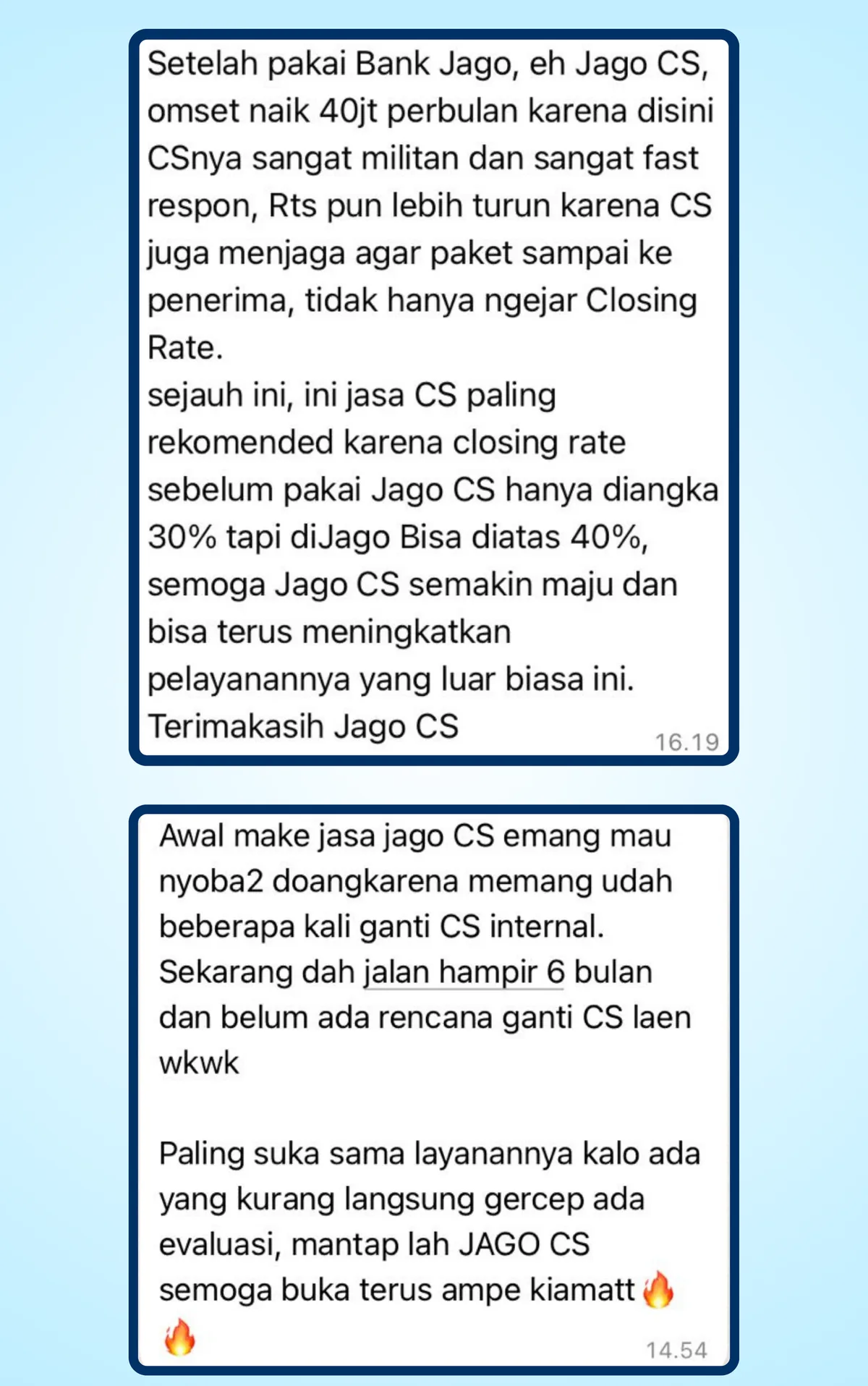 Percakapan klien JagoCS: omset naik 40 juta per bulan, closing rate dari 30 persen menjadi di atas 40 persen, dan kerja sama berjalan hampir enam bulan.