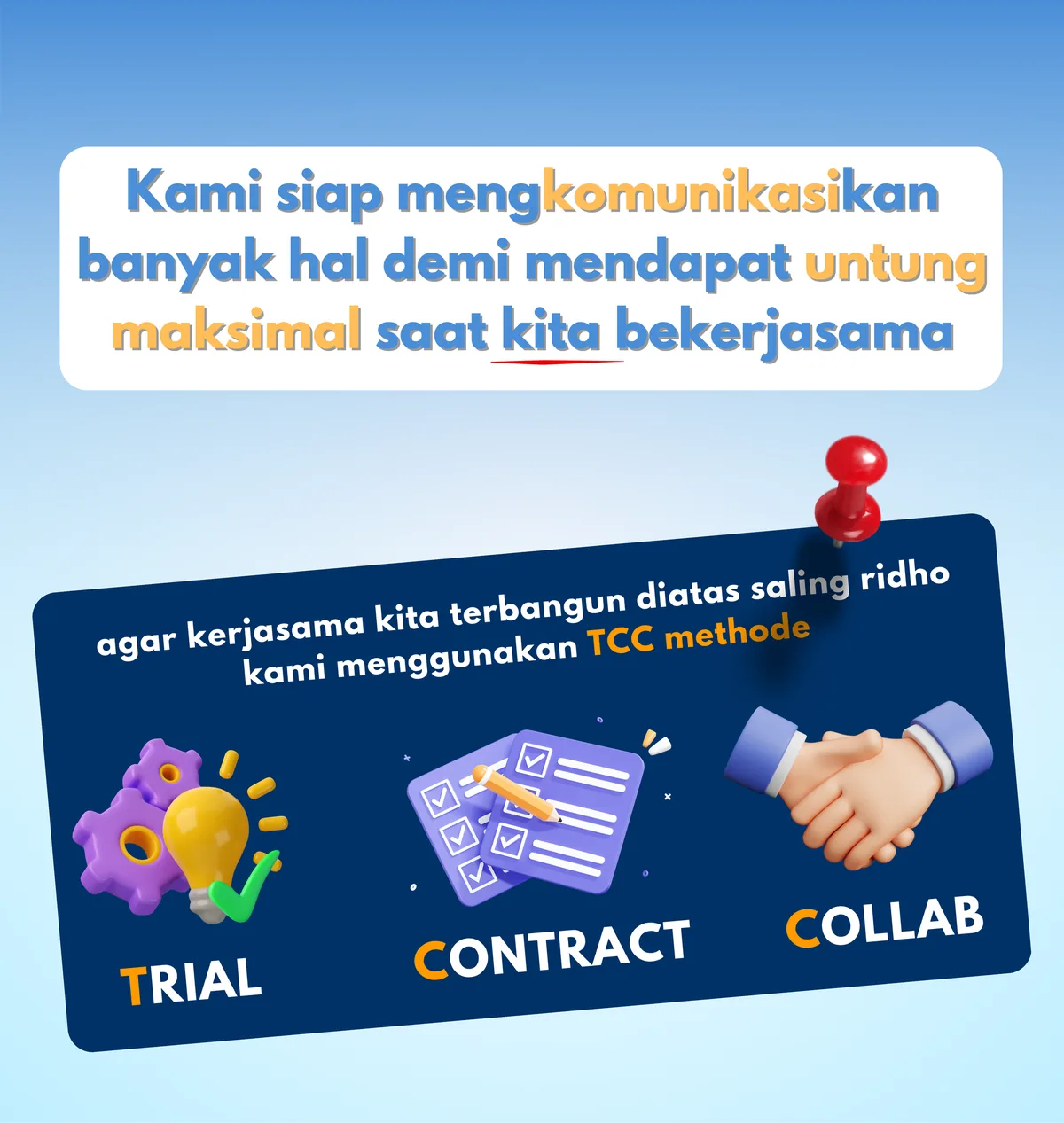 Metode TCC JagoCS: Trial, Contract, Collab. Kerja sama dibangun agar terbangun di atas saling ridho.