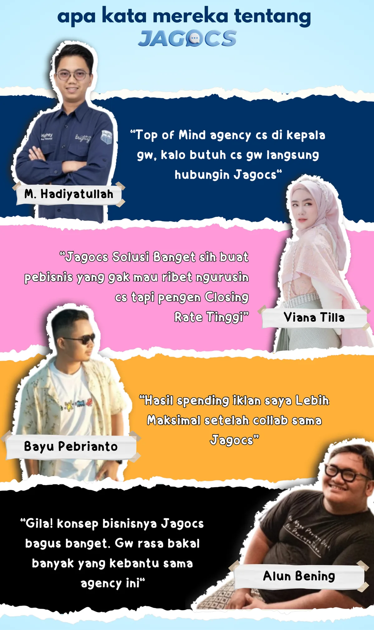 Testimoni klien JagoCS. M. Hadiyatullah, Owner Brighty, Ciara dan Jiera: Top of mind agency cs di kepala gw, kalo butuh cs gw langsung hubungin JagoCS. Viana Tilla, pengelola Joyjus: JagoCS solusi banget buat pebisnis yang gak mau ribet ngurusin cs tapi pengen closing rate tinggi. Bayu Pebrianto, Facebook Ads Expert: hasil spending iklan saya lebih maksimal setelah collab sama JagoCS. Alun Bening, founder Visualabs: konsep bisnisnya JagoCS bagus banget, bakal banyak yang kebantu sama agency ini.